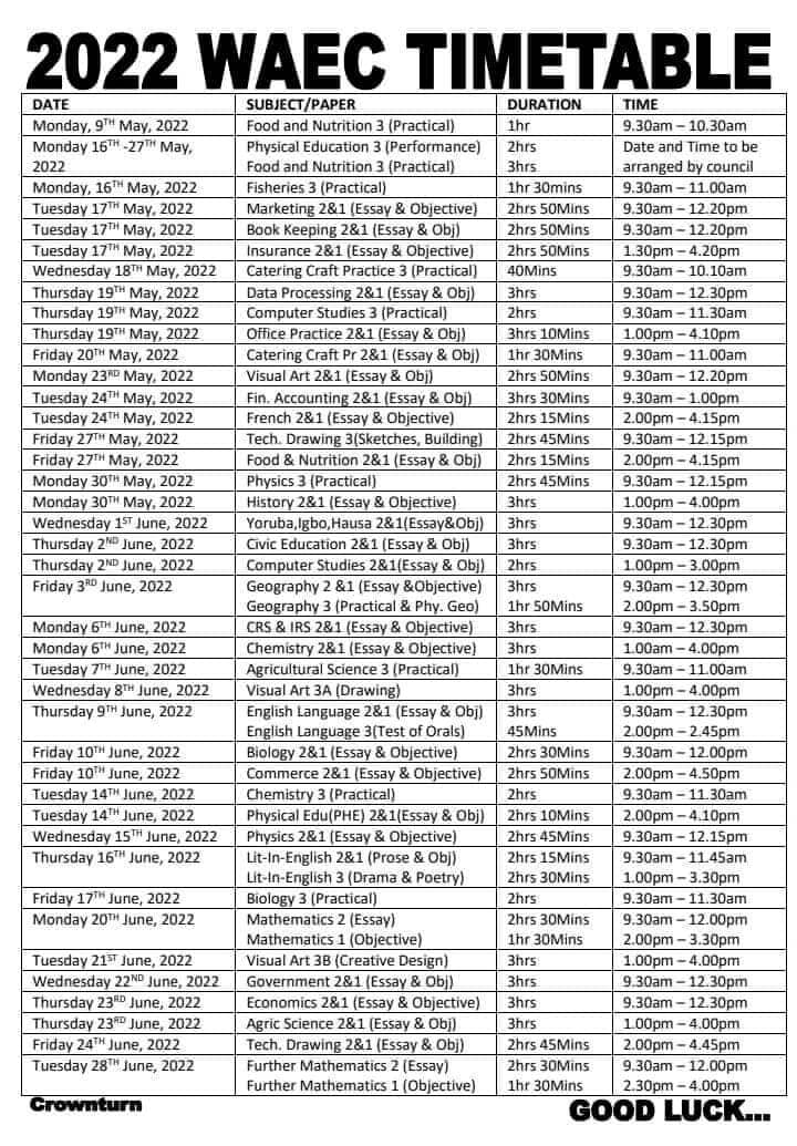 Buy 2022 Waec Timetable By Akinyosoye Oluwaseun On Selar
