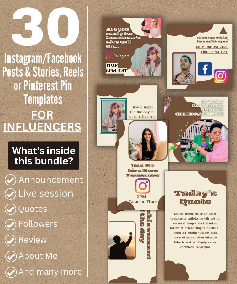 Personal Brand & Influencer Bundle Consists Of 30 Editable Canva Templates That You Can Use For A Long Time.