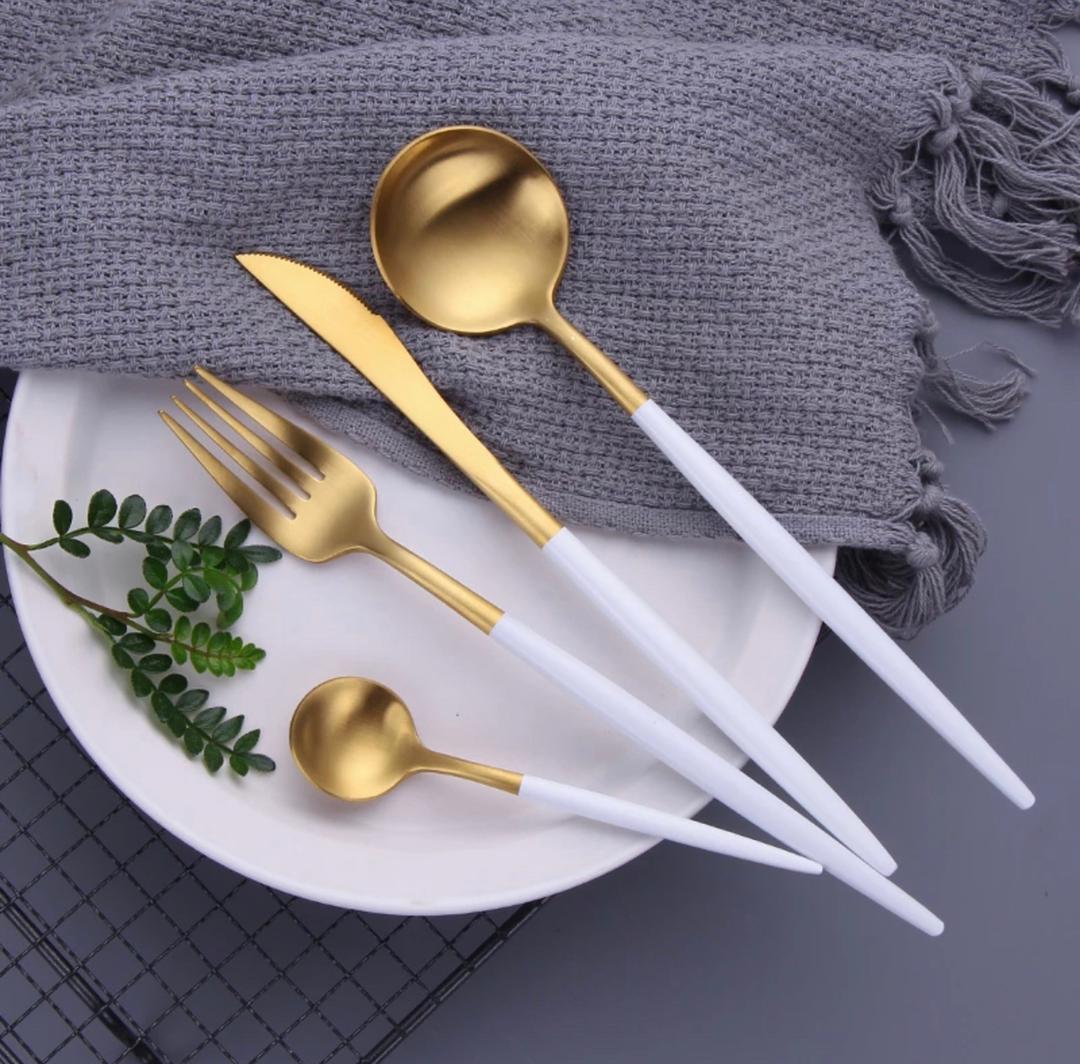 Luxury Gold & White Cutlery Set 24 PCS