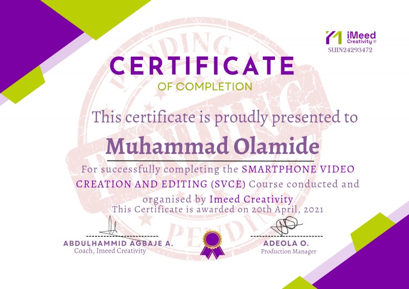 PAYMENT FOR CERTIFICATE FOR SMARTPHONE VIDEO EDITING COURSE