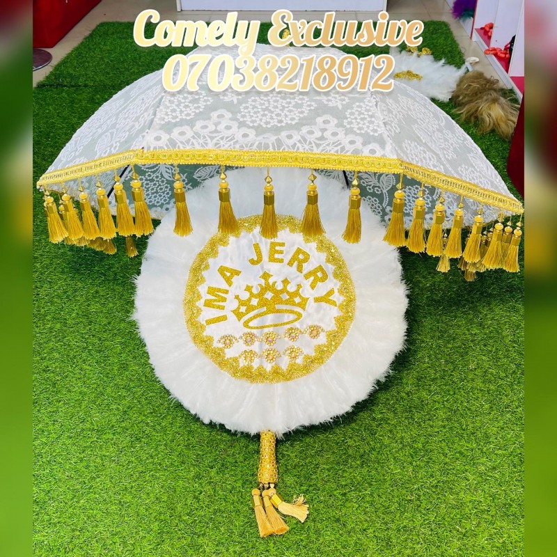White bridal Handfan & Umbrella