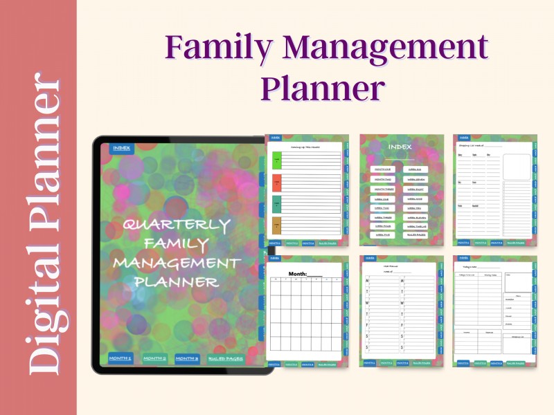Hyperlinked Digital Family Management Planner | Monthly Overview, Meal Planner, Notes