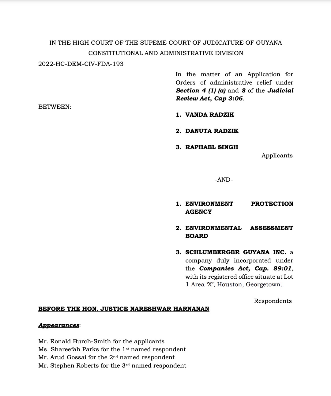 Vanda Radzik, Raphael Singh and others v Environmental Protection Agency and others 2022-HC-DEM-CIV-FDA-193
