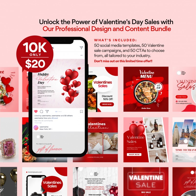 Buy Valentine's SALES Bundle 50 social media templates, 50 Valentine