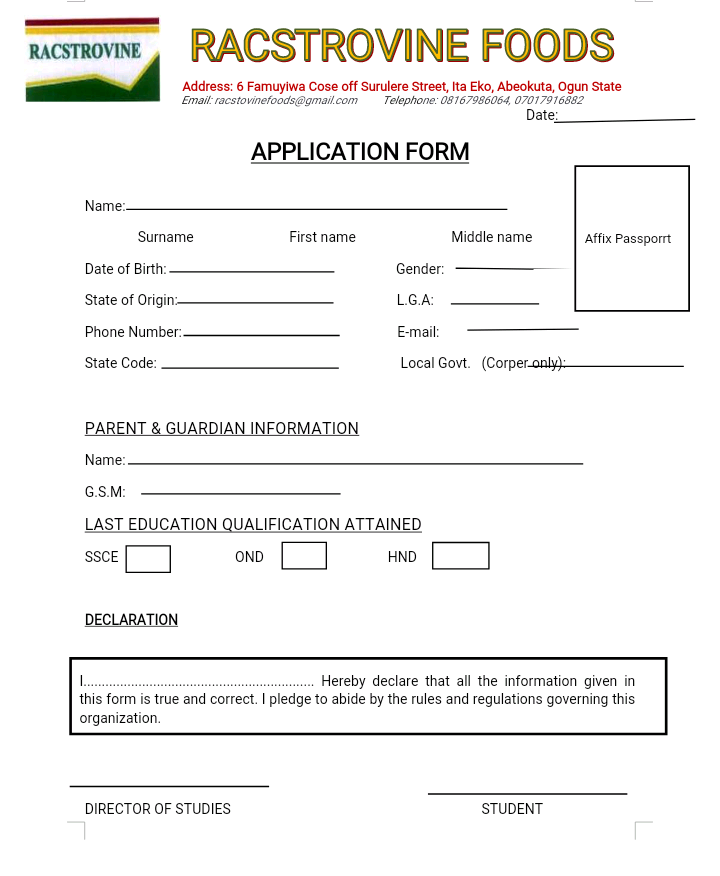 Racstrovine food safety application form