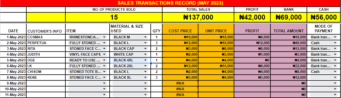 SALES RECORD KEEPING TEMPLATE