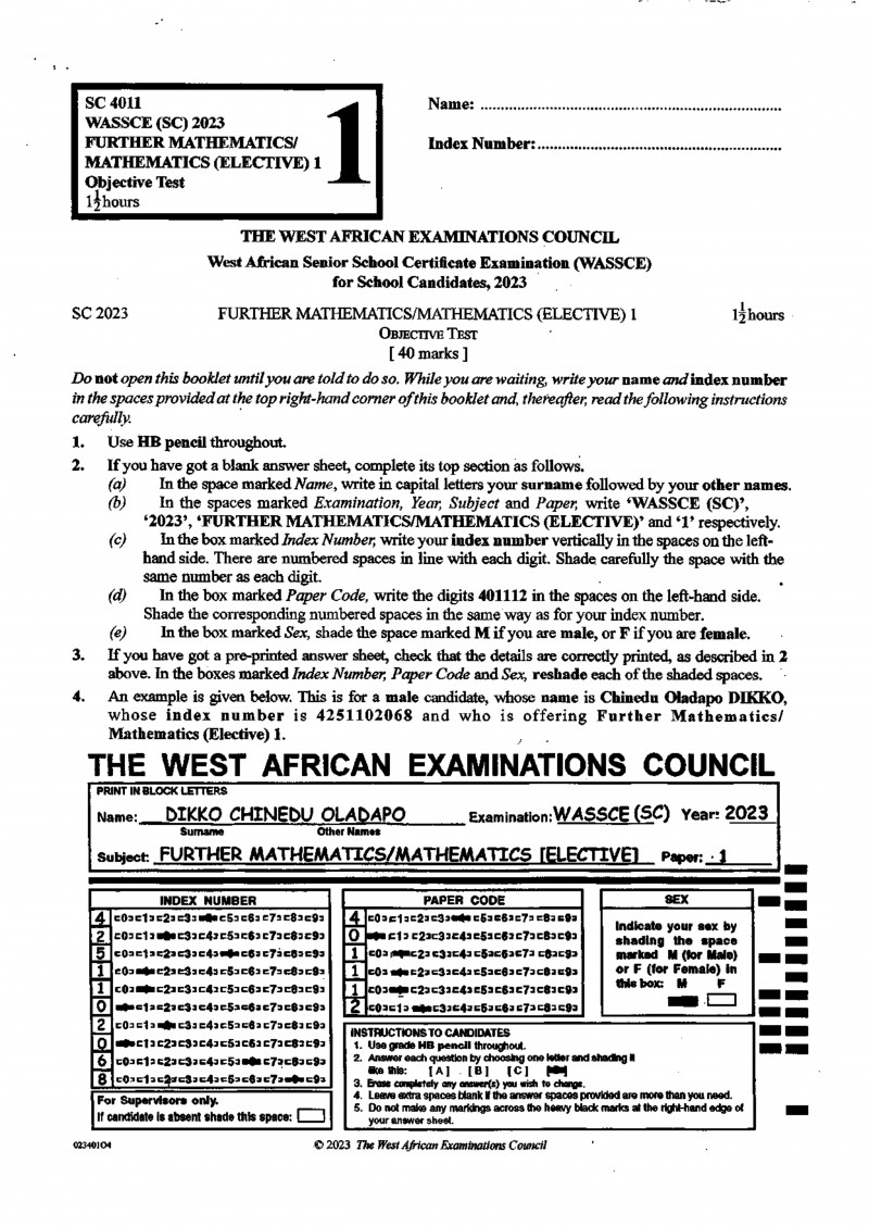 WAEC WASSCE Further Mathematics Elective Past Questions 2023
