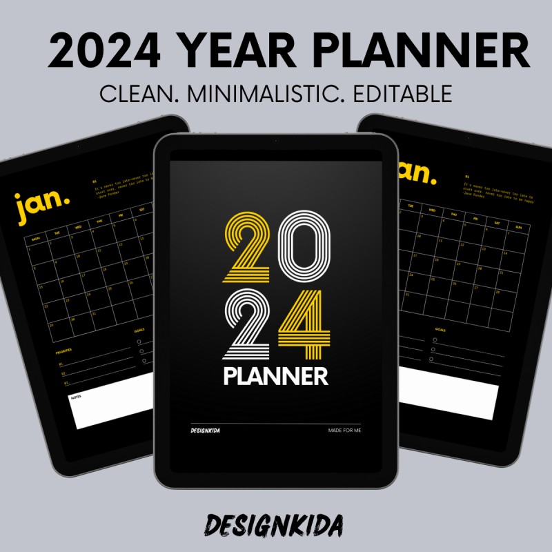 Designkida's Black and Yellow Minimalist 2024 Personal Planner Editable
