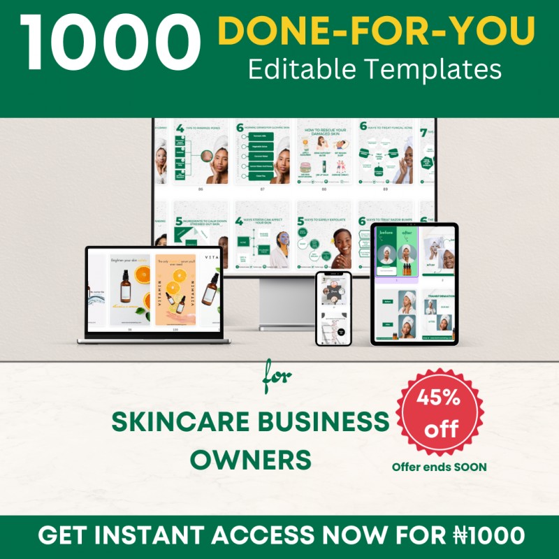 1000 done-for-you Canva templates for Skincare Business Owners on social media + bonuses copy
