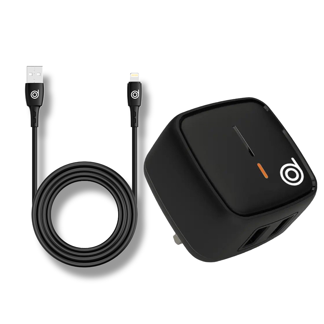 CHEETAH 12W DUAL USB WALL CHARGER + LIGHTNING USB CABLE BLACK - DIGIFON