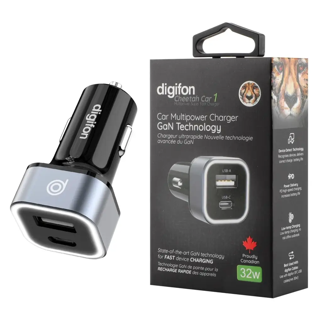 CHEETAH CAR1 SUPERFAST 32W CAR OUTLET CHARGER WITH USB-C & USB-A PORTS - DIGIFON