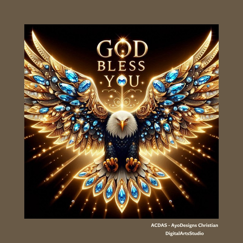 A pdf print-ready (15 X 15 inches) digital artwork of a majestic eagle adorned with precious stones with the inspirational message 'God Bless You'. It's available for immediate download and use as wall art decor.