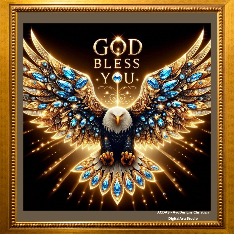 A photo frame (15 X 15 inches) of a digital artwork of a majestic eagle adorned with precious stones with the inspirational message 'God Bless You'. It's available for immediate purchase and delivery within 4-7 working days within Lagos.