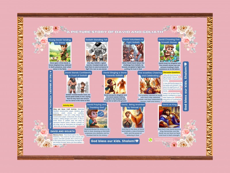 David's Brave Battle: A pdf print picture story with great digital art that kids will love. It has discussion questions, a memory verse, and a creative handcraft activity. It comes in a size of 36 X 48 inches. Available for immediate download and use.