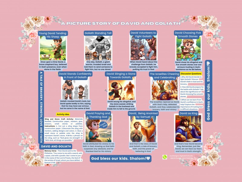 David's Brave Battle: A picture story with great digital art that kids will love. It has discussion questions, a memory verse, and a creative handcraft activity. It comes in a banner size of 36 X 48 inches for delivery within 4-7 working days in Lagos.