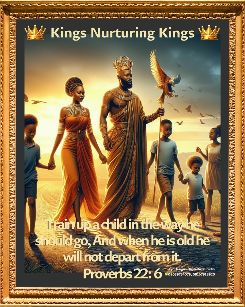 Kings Nurturing Kings - A pdf print-ready (12 X 15 inches) digital art painting inspired by the scripture Proverbs 22:6 - Train up a child in the way he should go... It's available for immediate download and use as wall art decor.