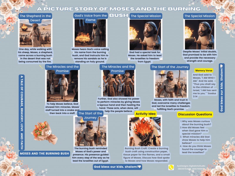 Moses and the Burning Bush: A pdf print picture story with amazing digital art that will captivate kids. It has discussion questions, a memory verse, and a creative handcraft activity. Available for immediate download.