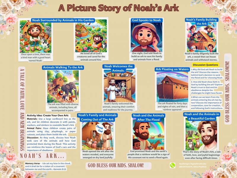 Noah's Ark Adventure: A picture story with great digital art that kids will love. It has discussion questions, a memory verse, & a creative handcraft activity. It comes in a banner size of 36 X 48 inches for delivery within 4-7 working days in Lagos.