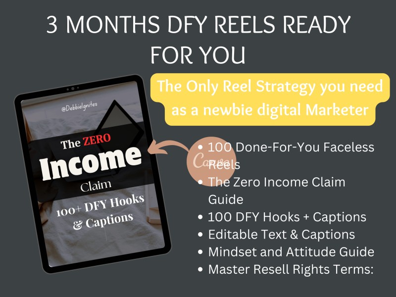 3 Months Reels DFY with HOOKs + CAPTIONs & "Zero Income Claim"