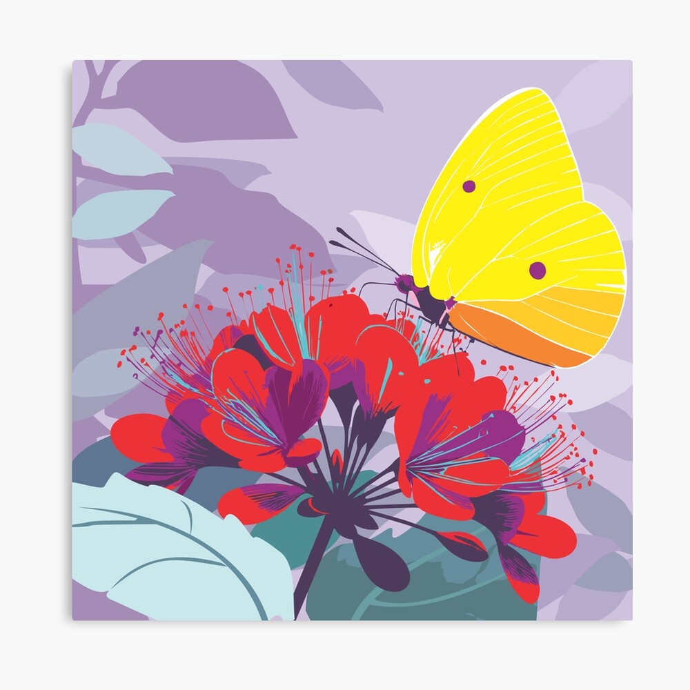 Yellow Butterfly on Red Flower Original Stretched Canvas Art