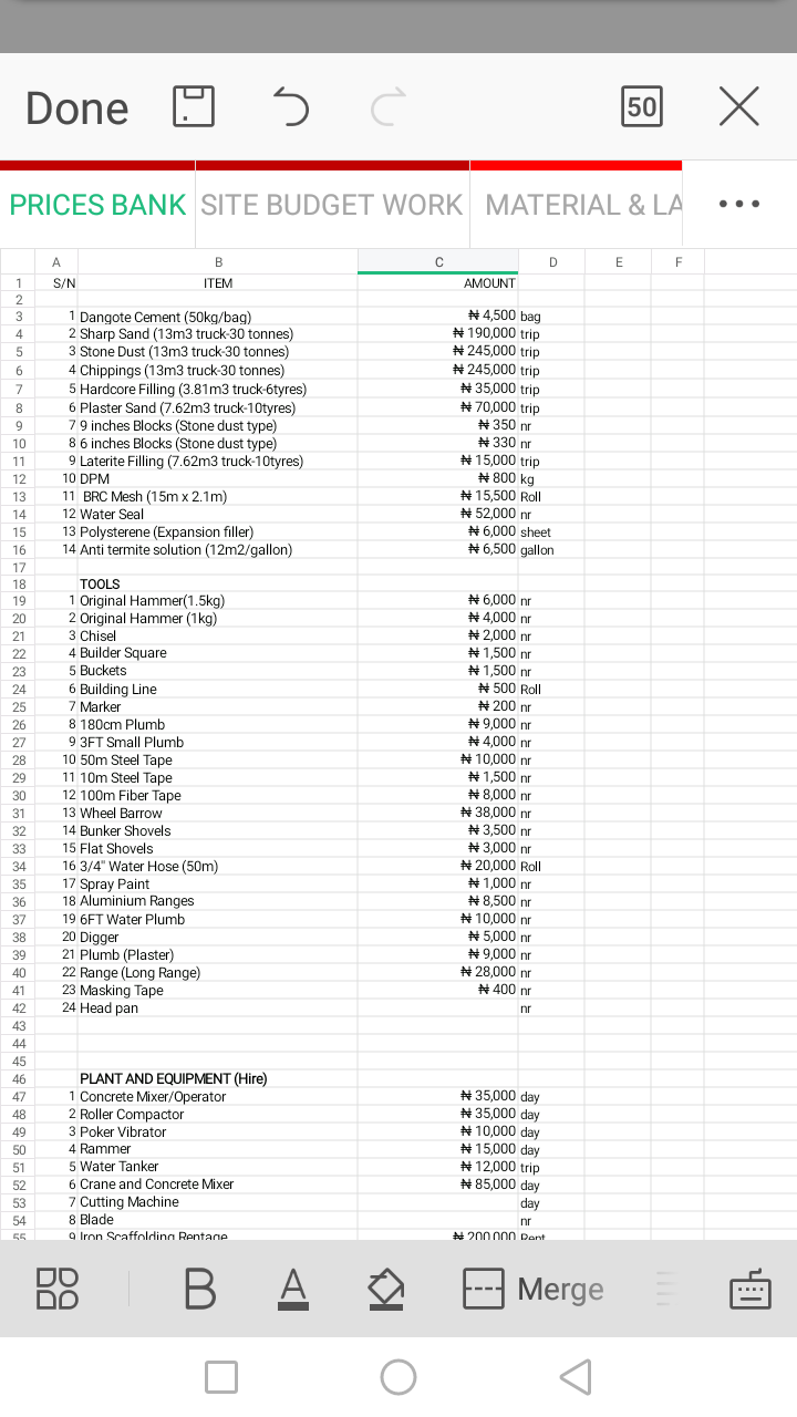 Material and labour schedule for finished work Triplex