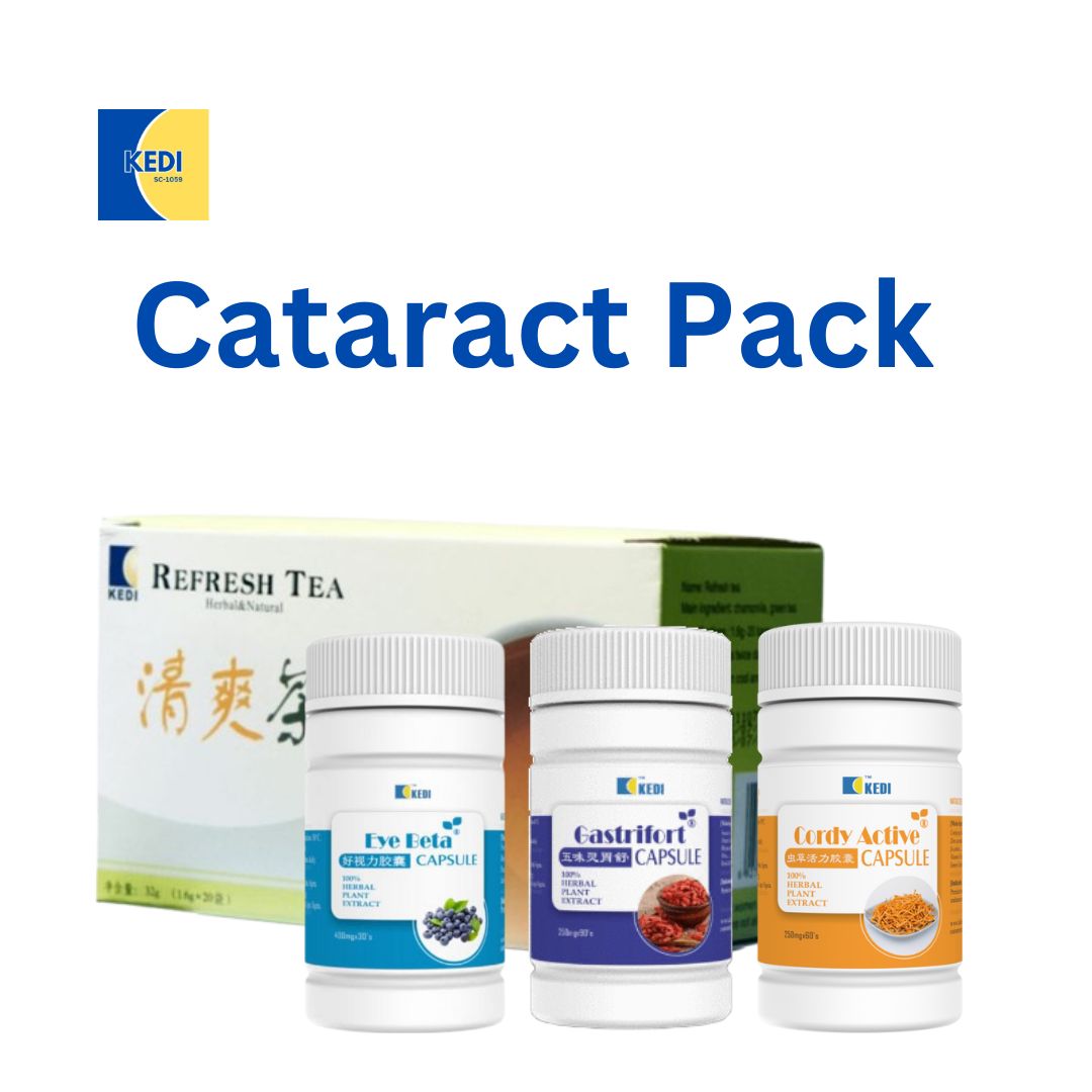 The KEDI Cataract Herbal Treatment Pack - Eye Beta Capsule, Gastrifort Capsule, Refresh Tea and Cordy Active Capsule.