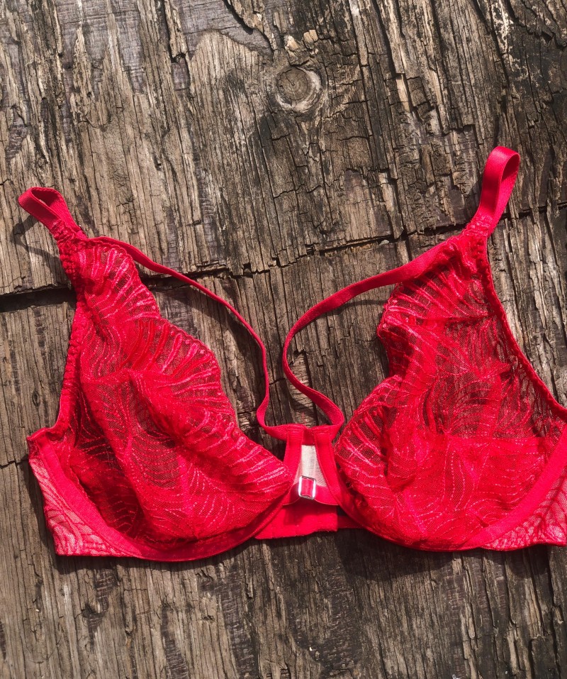 FRONT HARNESS LACE RED PUSH UP BRA