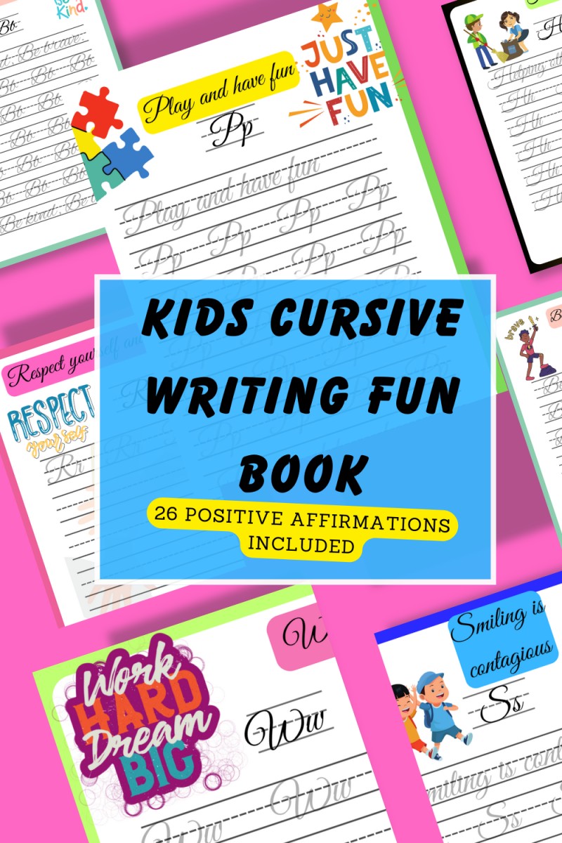 Kids cursive writing fun book (54 pages) with 26 positive affirmations