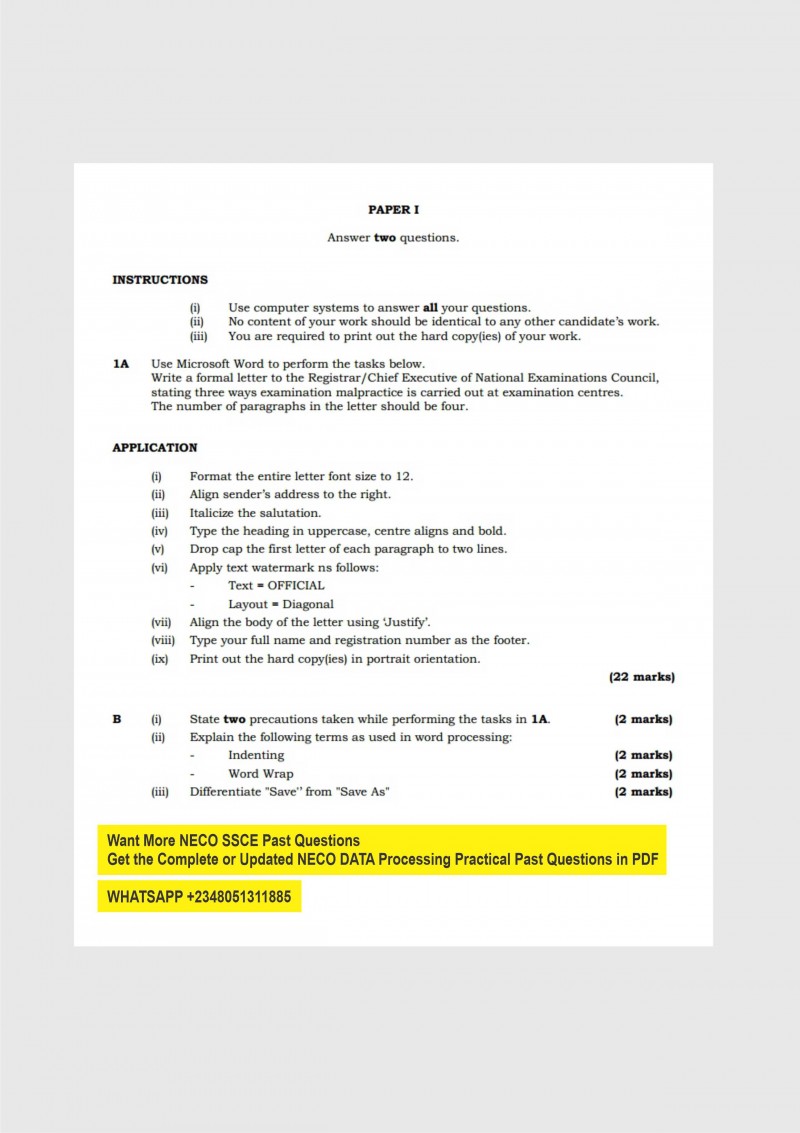 NECO SSCE DATA Processing Practical Past Questions PDF