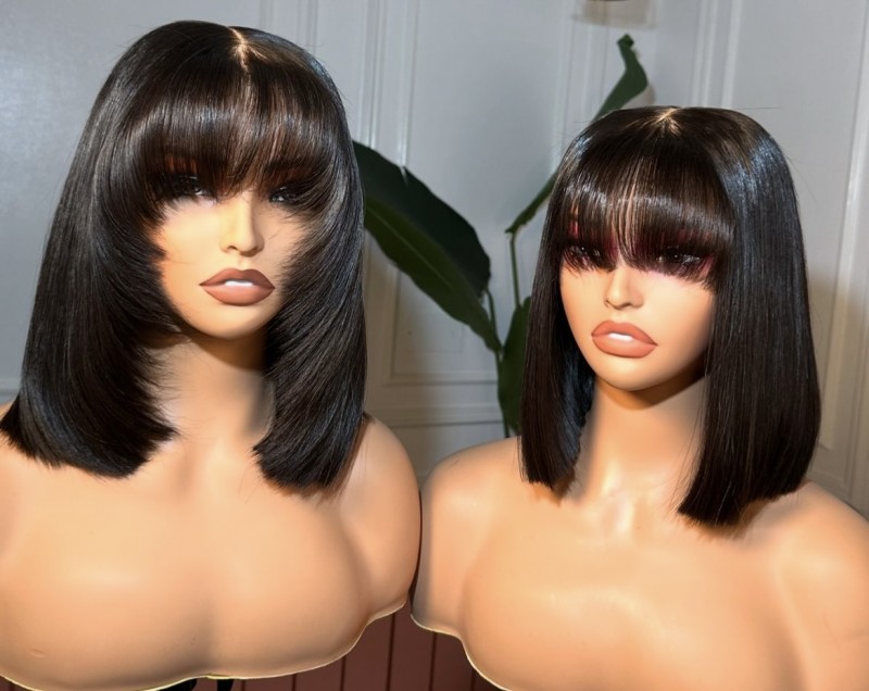 12" Double Drawn Fringe Bob Closure Wig