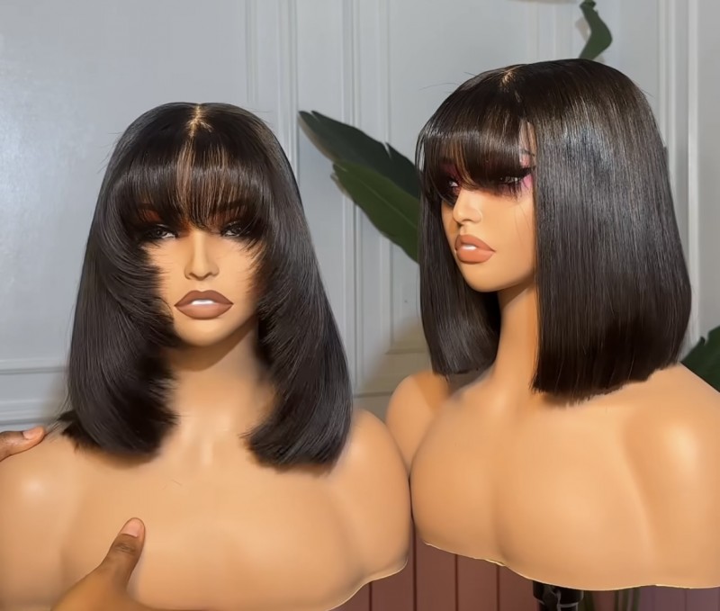 12" Double Drawn Fringe Bob Closure Wig
