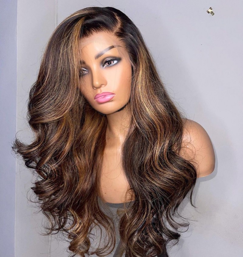 18" Super Double Drawn Blonde Highlight Layered Frontal Wig