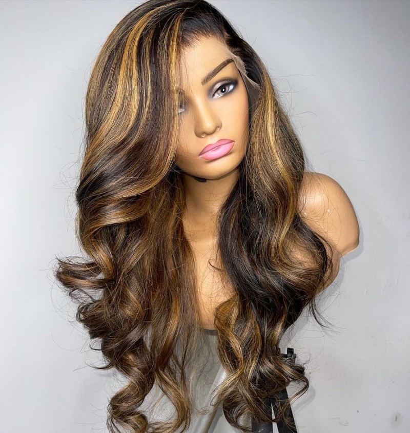 18" Super Double Drawn Blonde Highlight Layered Frontal Wig