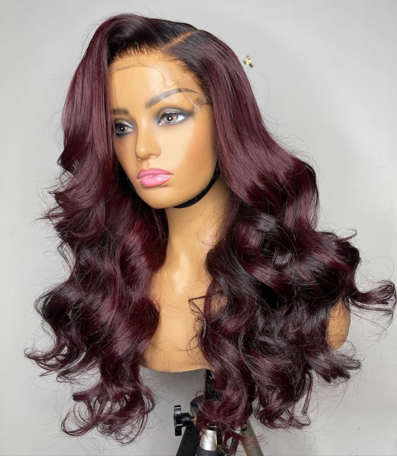 18" Super Double Drawn Wine Highlight Layered Frontal Wig