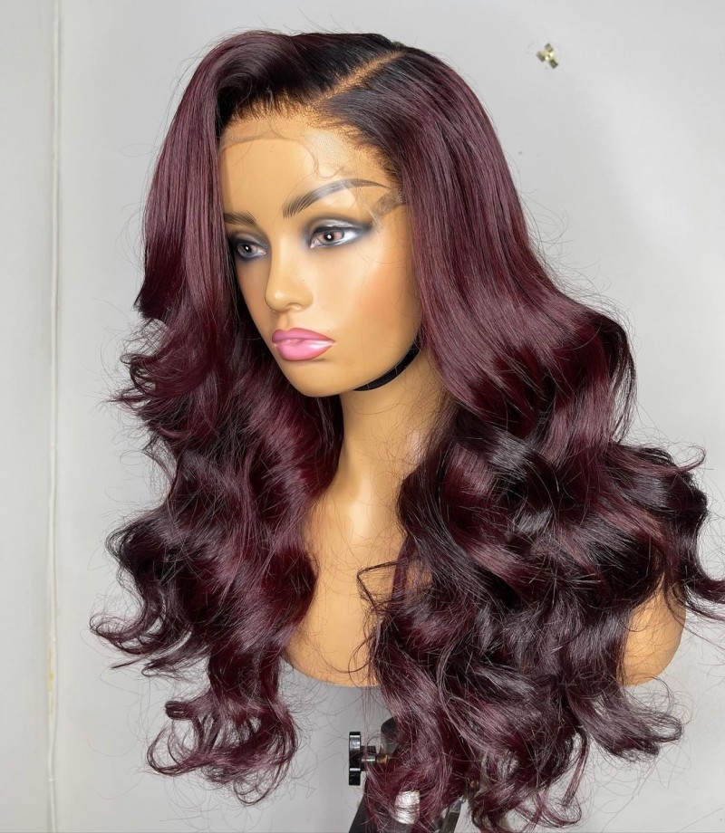 18" Super Double Drawn Wine Highlight Layered Frontal Wig