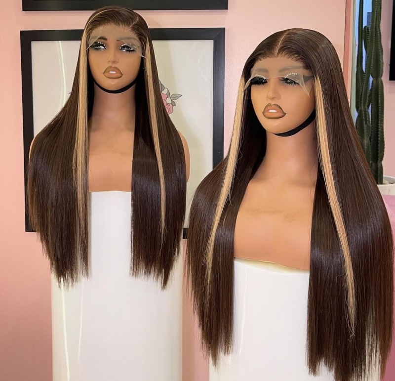 22" Double Drawn Crystal Stripe Highlight Frontal Wig