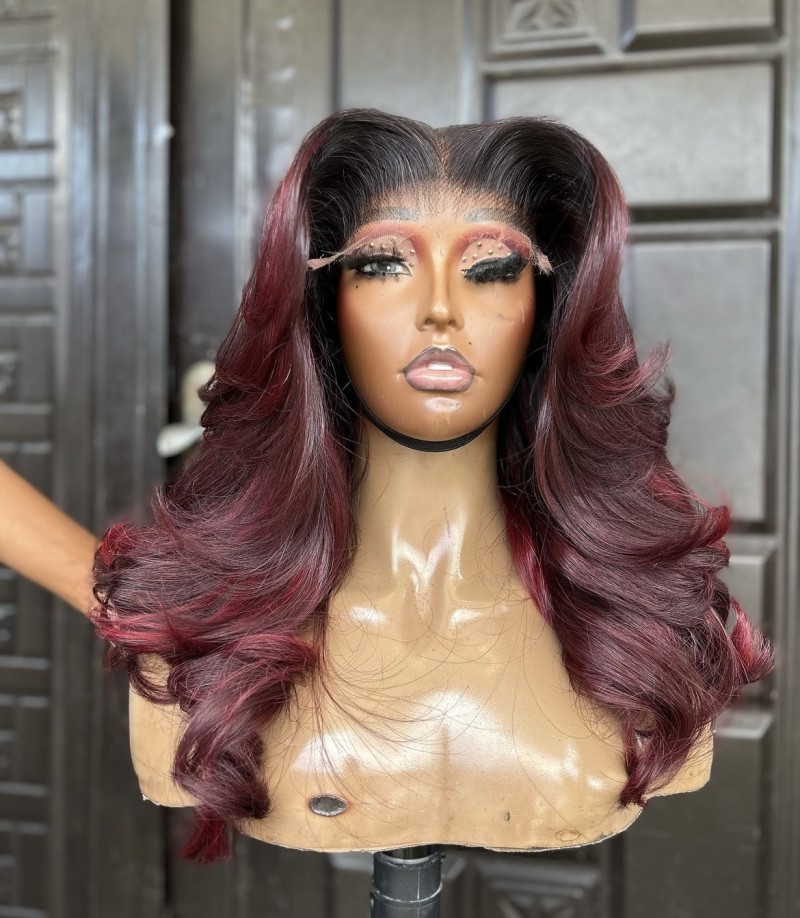 16" Layered Super Double Drawn ZAY DEW WINE HIGHLIGHT Frontal Wig