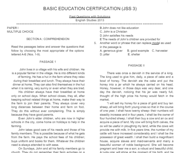 Junior WAEC  English Language Past Question and Answer (BECE Latest Copy)