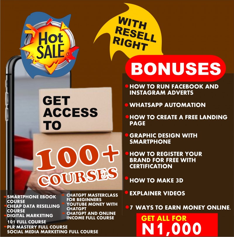 Get access to 100 + DIGITAL COURSES BUNDLE + RESALE RIGHT.