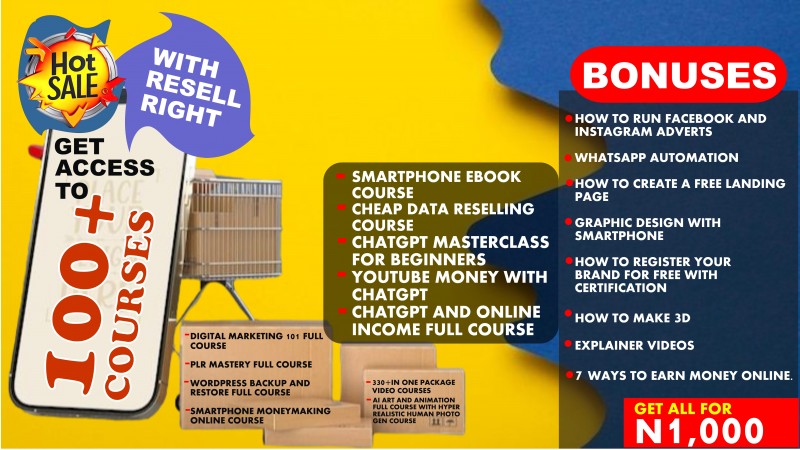 Get access to 100 + DIGITAL COURSES BUNDLE + RESALE RIGHT.
