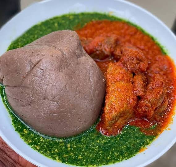 Amala, gbegiri, ewedu, buka stew with assorted meat