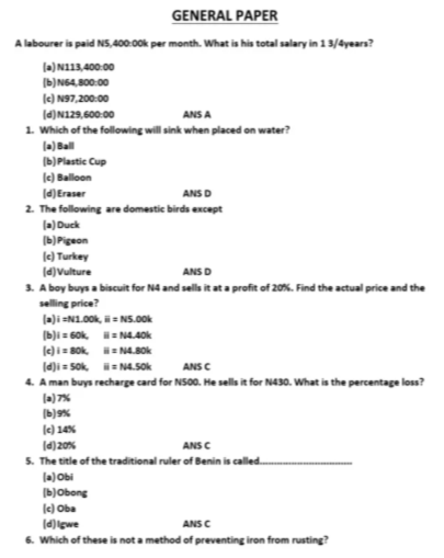 Original Kogi State College of Education, Ankpa Post UTME Past Questions and Answers PDF