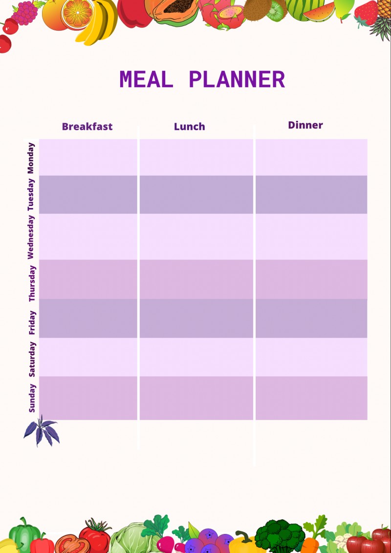 Colorful breakfast, Lunch, and Dinner Planner