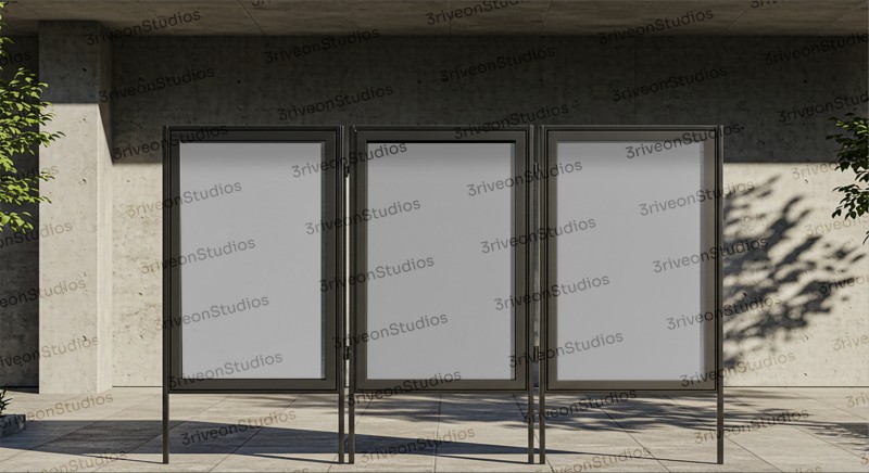 Outdoor Triple-Frame Poster Mockup