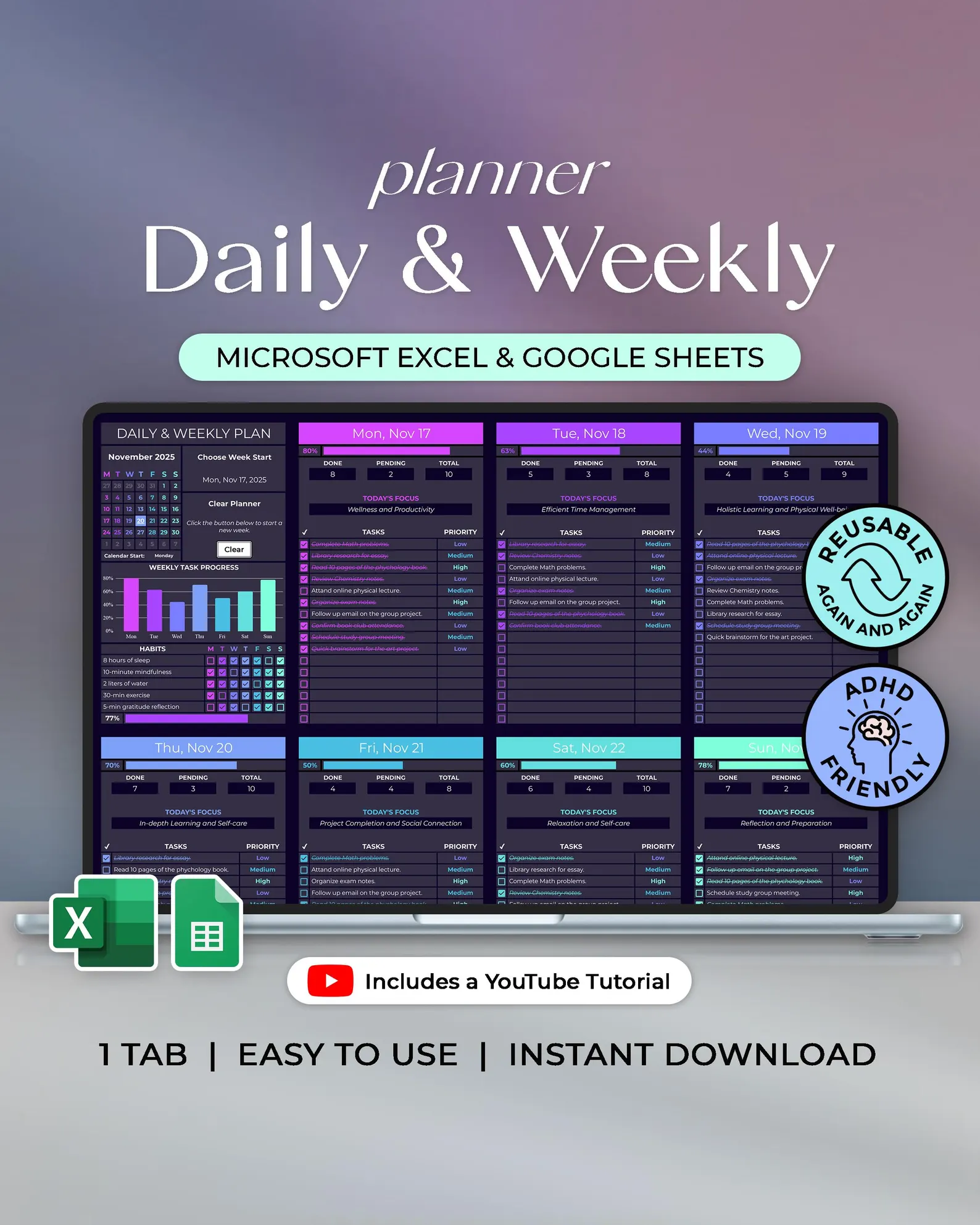 Planner + Habit Tracker (ADHD Friendly) - Dark Theme