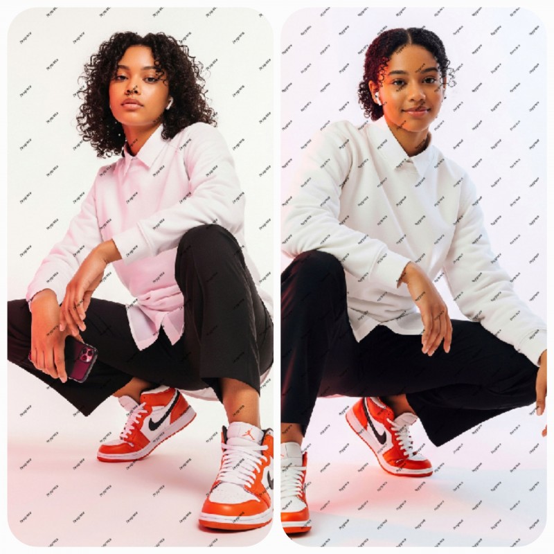 Females On White Sweatshirt & Jordan Sneakers; Perfect Design Resource.