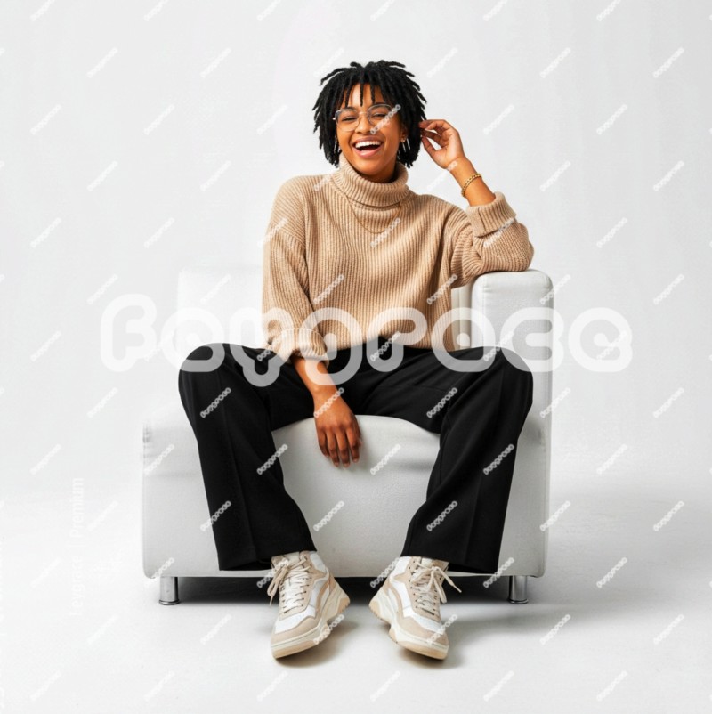 Lady On Biege Wear Sitting And Smiling Stylishly In Studio