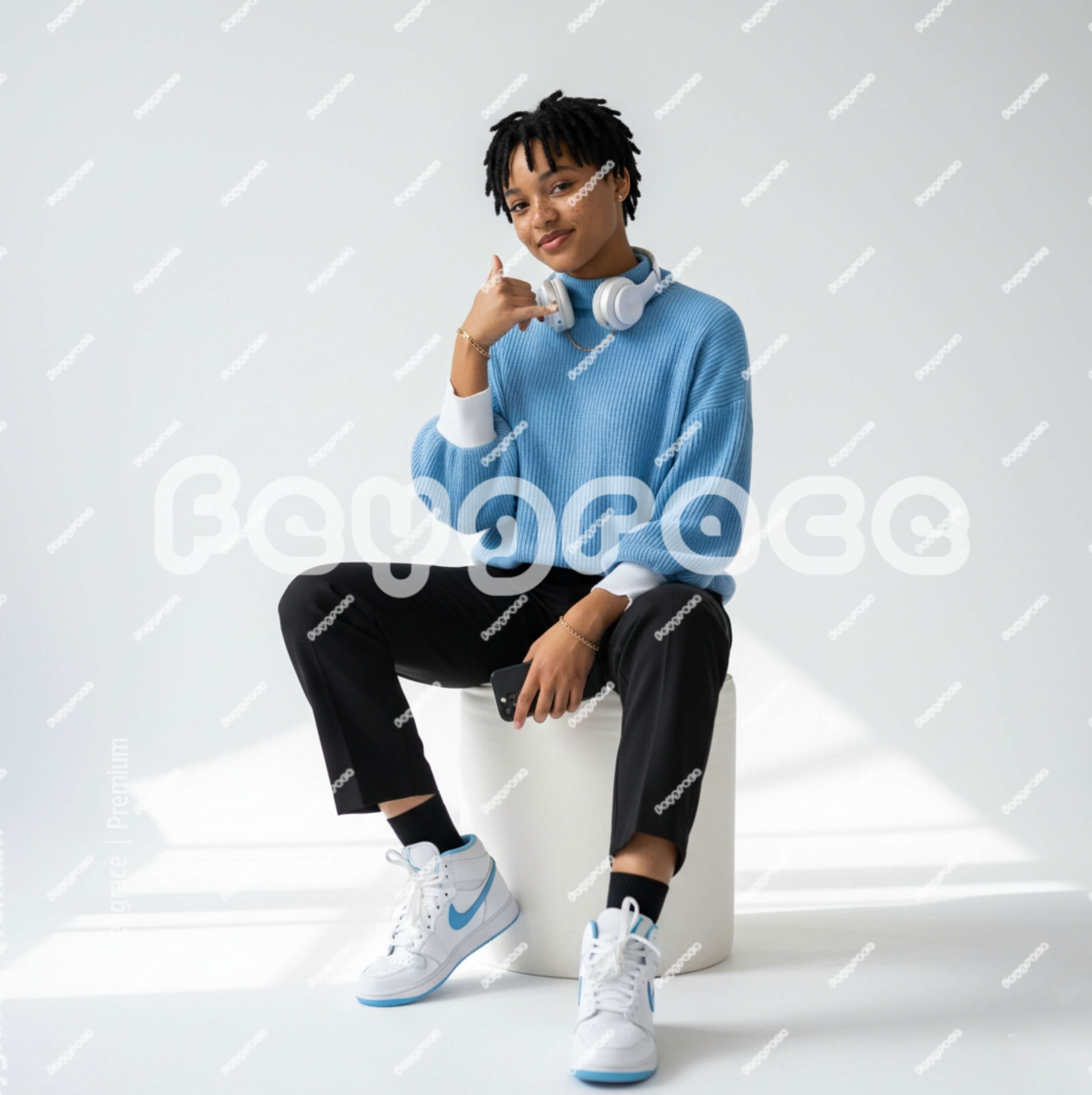 Lady On Casual Sky-Blue Outfit In Studio