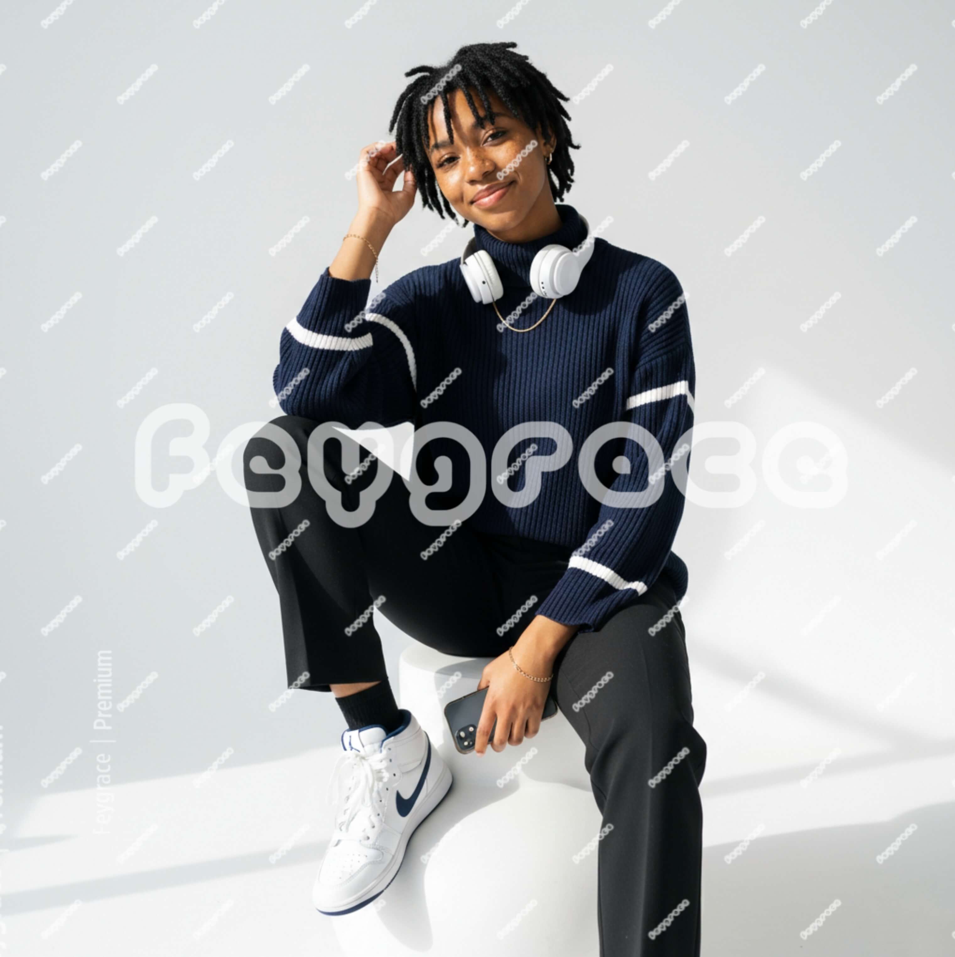 Lady On Navy Blue Outfit In Studio