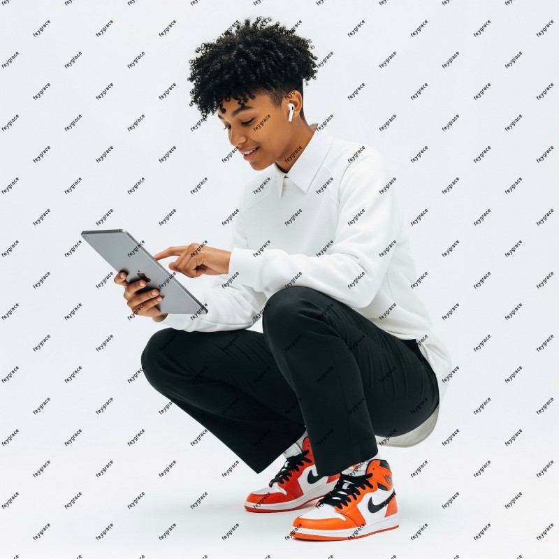 Professional Image Of A Lady Squatting And Holding A Tab